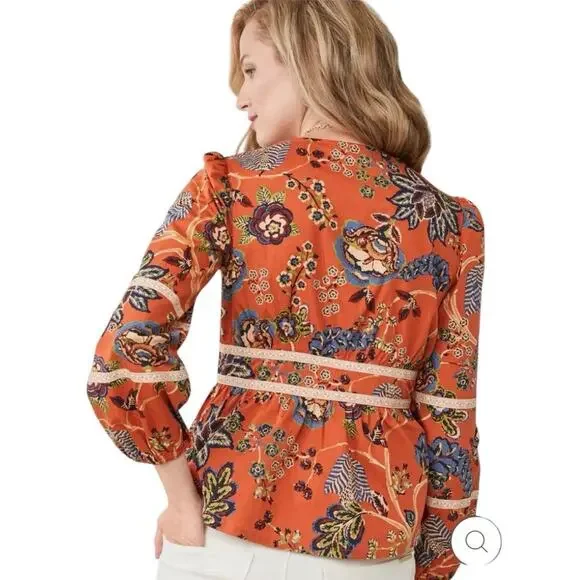 Spartina 449 Marcelle Blouse Floral Tree of Life Tomato Orange Size Medium Top - Picture 5 of 15